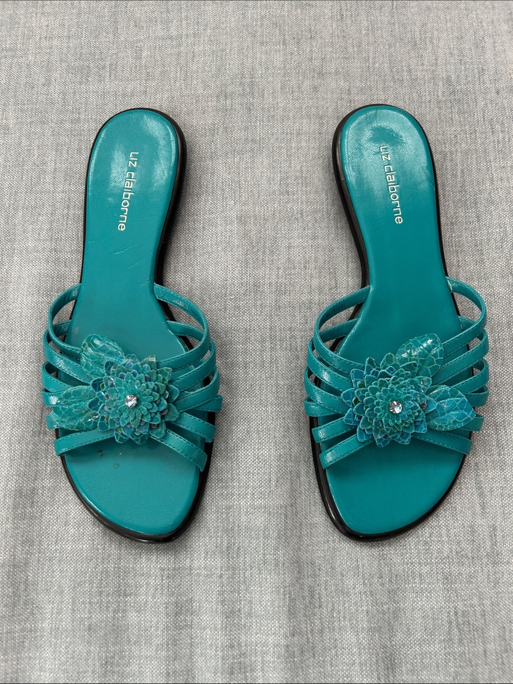Liz Claiborne Teal Floral Strap Slide Sandals